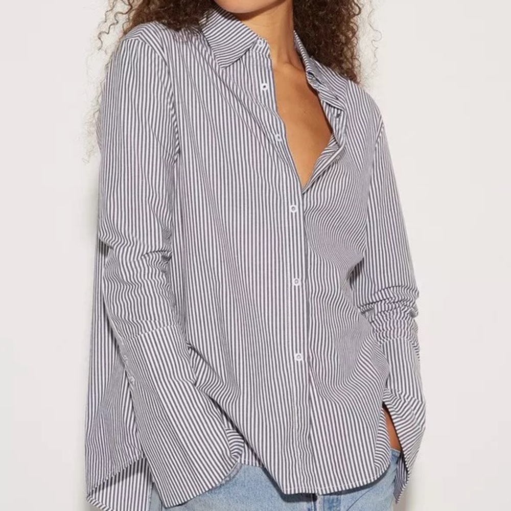 RARE Misha Nonoo 'Husband' Blue & White Stripped Shirt with Silver Stud Closure